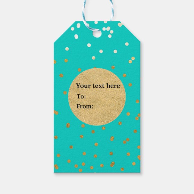 Turquise Blue & Guld Shiny Confetti Dots Modern Presentetikett (Framsidan)