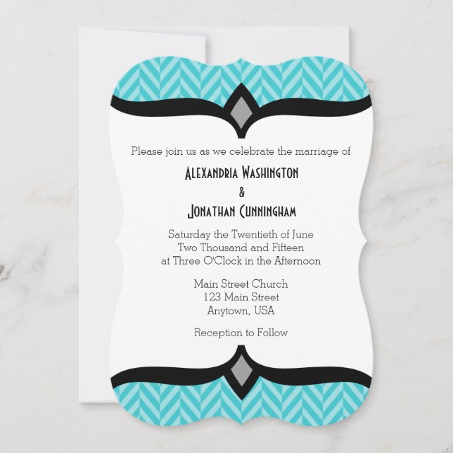 Turquise Blue Herringbone Wedding bjudande Inbjudningar (Framsida)