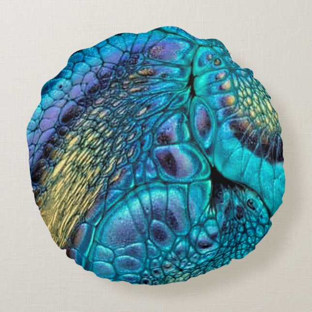 Turquise blue lila guld Dragon skin Abstrakt Rund Kudde (Baksidan)