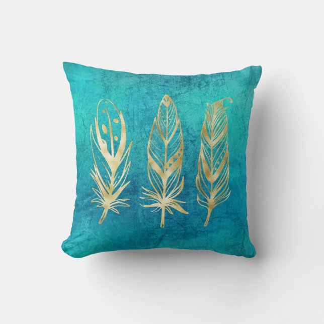 Turquise Blue och Guld Feathers Kudde (Framsida)