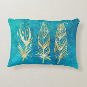 Turquise Blue och Guld Feathers Prydnadskudde