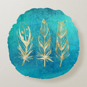 Turquise Blue och Guld Feathers Rund Kudde
