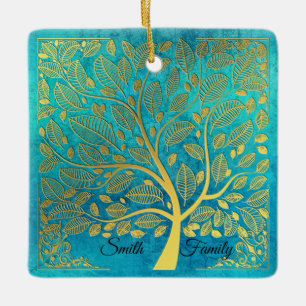 Turquise Blue och Guld Träd *personalize* Julgransprydnad Keramik