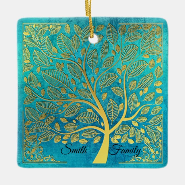 Turquise Blue och Guld Träd *personalize* Julgransprydnad Keramik (Framsida)