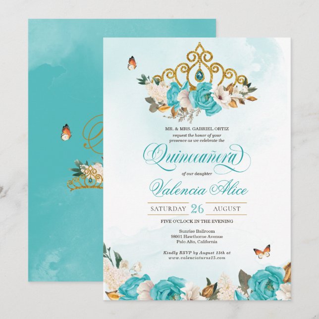 Turquise Blue Ro Guld Tiara Butterfly Quince Inbjudningar (Fram/baksida)