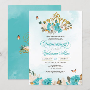 Turquise Blue Ro Guld Tiara Butterfly Quince Inbjudningar