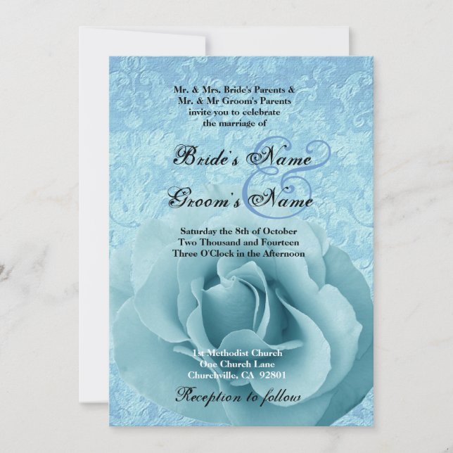 Turquise Blue Ro och Damask Wedding Inbjudningar (Framsida)