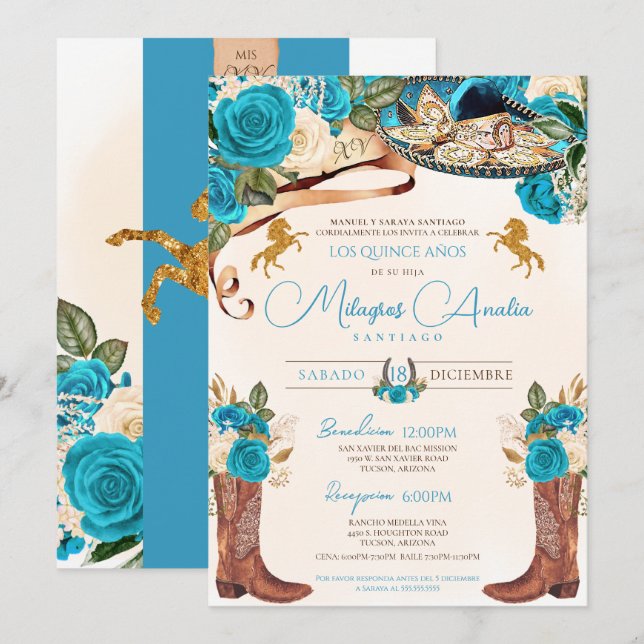 Turquise Blue Ro Western Charro Quinceañera Inbjudningar (Fram/baksida)
