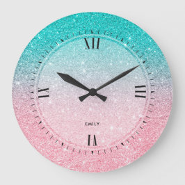 Turquise-Blue & Salmon Rosa faux Glitter Stor Klocka