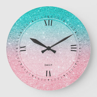 Turquise-Blue & Salmon Rosa faux Glitter Stor Klocka