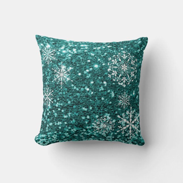 Turquise Blue Snowflake Glitter jul Kudde (Framsida)
