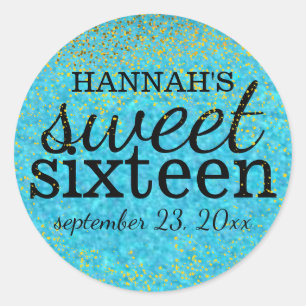 Turquise Blue Sweet 16 Party Sticker Guld Glitter Runt Klistermärke