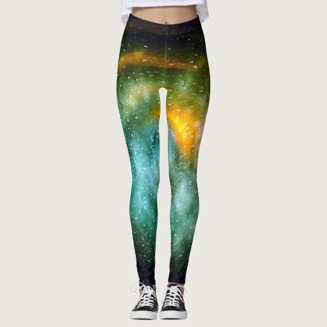 Turquise blue teal orange galaxy stars foto fold leggings (Framsida)