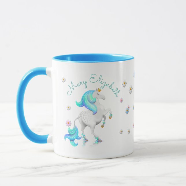 Turquise Blue Unicorn Princess med Golden Krona Mugg (Vänster)