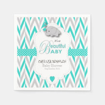 Turquise Blue, White Grått Elephant Baby Shower