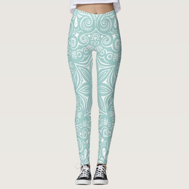 Turquise Blue & White Whimsical Mönster Leggings (Framsida)