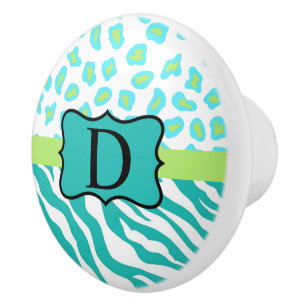 Turquise Blue White Zebra Leopard Skin Monogram Knopp