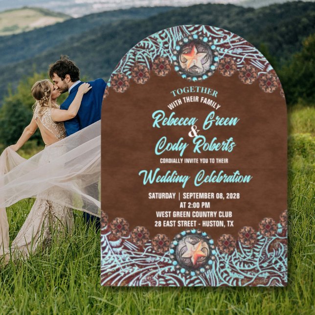 Turquise Brown Cowboy Land Westernare bröllop Inbjudningar (Turquoise Brown Cowboy Country Western wedding Invitation)