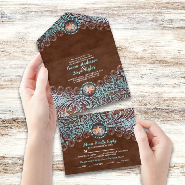Turquise Brown cowboyen land westernare bröllop (Turquoise Brown cowboy country western wedding All In One Invitation)