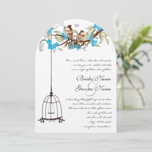 Turquise Cherry Blommar Rustic Birds & Birdcage Inbjudningar (Stående Fram)