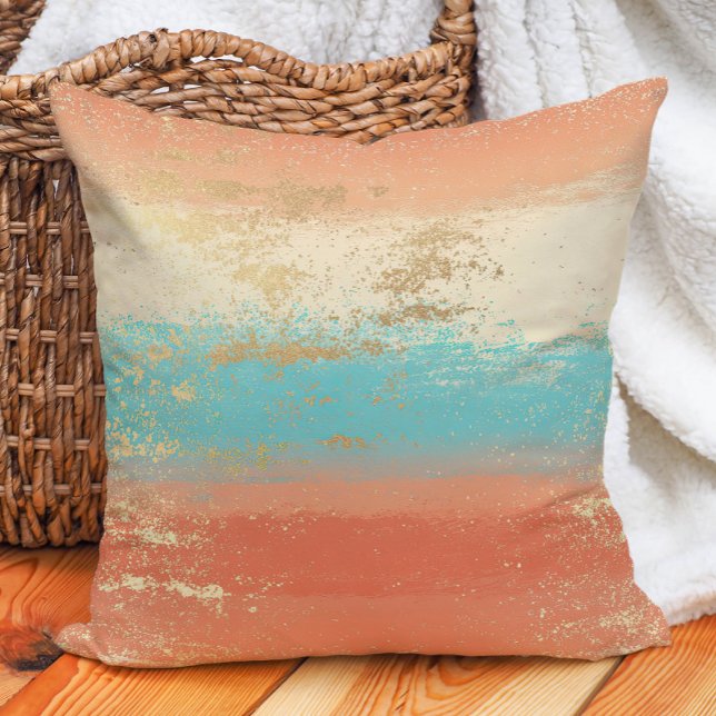 Turquise Cream Coral Guld Boho Coastal Kudde (Turquoise Cream Coral Gold Boho Coastal Throw Pillow)