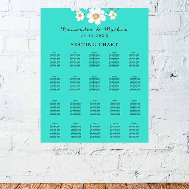 Turquise Daisy Blommigt Bröllop 200 Sittdiagram Poster (Turquoise Daisy Floral Wedding 200 Seating Chart)