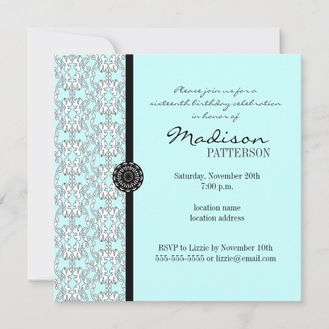 Turquise Damask Baroque Sweet 16-partsinbjudan Inbjudningar (Framsida)