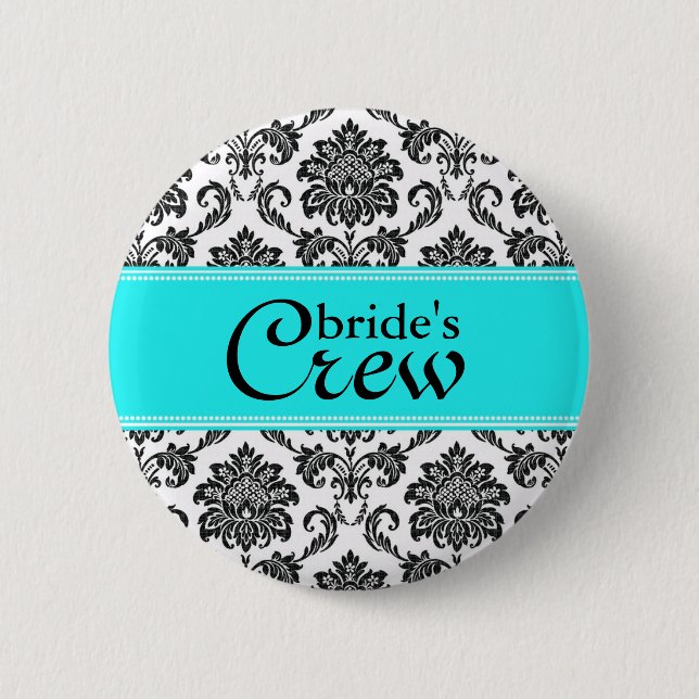 Turquise Damask Bride's Crew Button Knapp (Framsida)