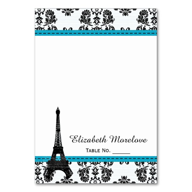 Turquise Damask Eiffel Torn Tält ortkort Bordsnummer (Framsidan)