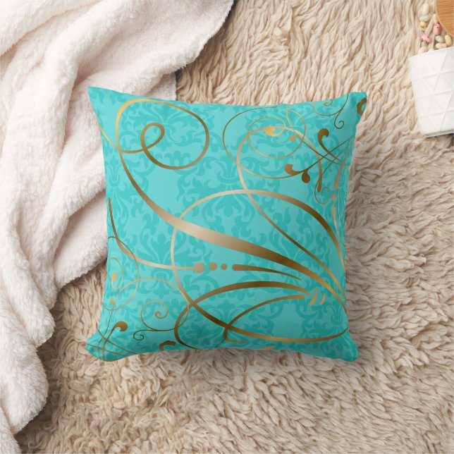 Turquise Damask Guld Swirls Flourish Kudde (Filt)