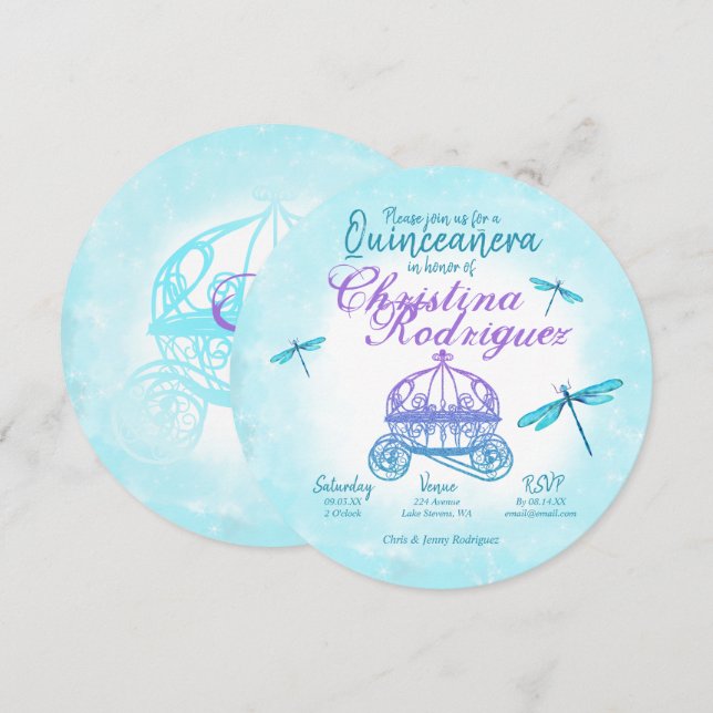 Turquise Dragonflies, Lila Quinceañera Inbjudningar (Fram/baksida)
