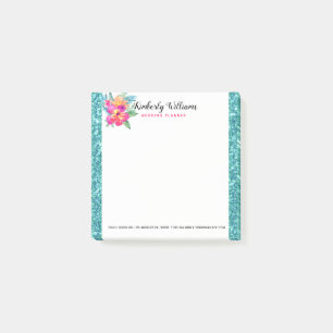 Turquise Faux Glitter & Blommigt Bouquet Post-it Block