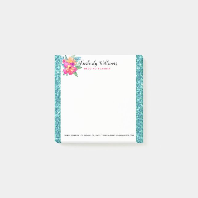 Turquise Faux Glitter & Blommigt Bouquet Post-it Block (Framsida)