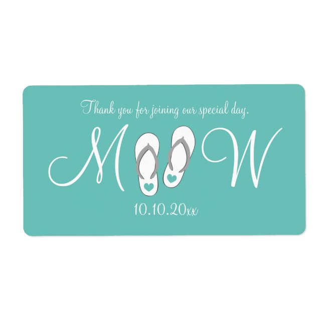 Turquise flinflip flops bröllop vattenflaska-etike fraktsedel (Framsidan)