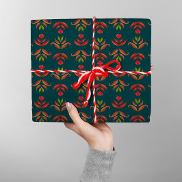 Turquise Folk Art Blommigt Mysigt och Rustic jul Presentpapper