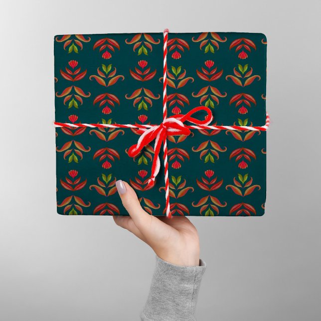 Turquise Folk Art Blommigt Mysigt och Rustic jul Presentpapper (Skapare uppladdad)
