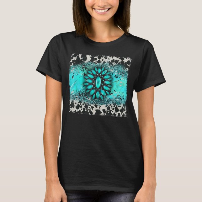 Turquise Gemstone Cowhide Leopard Western Souther T Shirt (Framsida)