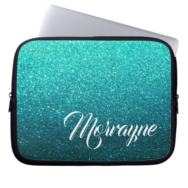 Turquise Glitter Glam Ombre Sparkles Finare Namn Laptop Fodral (Framsidan)
