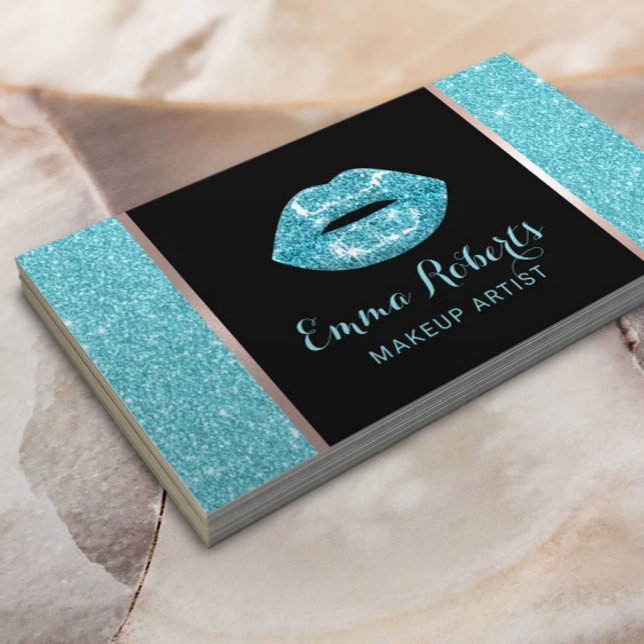 Turquise Glitter Läppar Modern Makeup Artist Salon Visitkort (Skapare uppladdad)