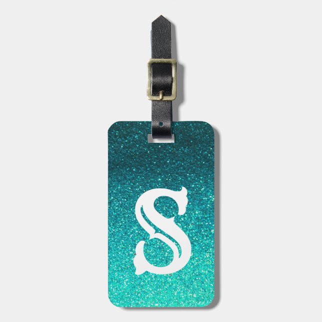 Turquise Glitter Ombre Sparkles Glam Monogram Bagagebricka (Vertikal Framsida)