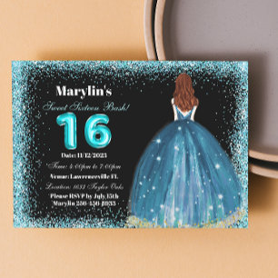 Turquise Glitter Princess Extravaganza: Söt 16 Inbjudningar