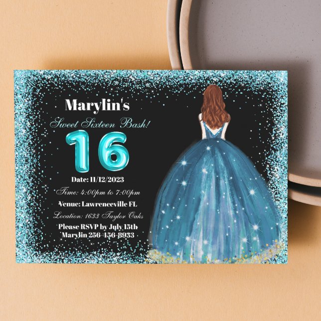 Turquise Glitter Princess Extravaganza: Söt 16 Inbjudningar (Skapare uppladdad)