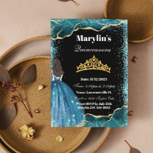 Turquise Glitter Princess Quinceañera Ballgown Inbjudningar