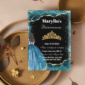 Turquise Glitter Princess Quinceañera Ballgown Inbjudningar