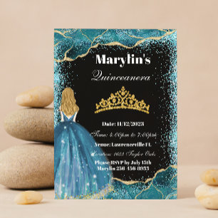 Turquise Glitter Princess Quinceañera Ballgown Inbjudningar