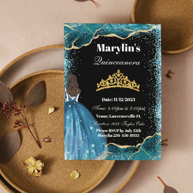 Turquise Glitter Princess Quinceañera Ballgown Inbjudningar (Skapare uppladdad)
