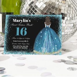 Turquise Glitter Princess Sweet 16 Ballgown Inbjudningar