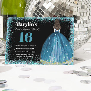 Turquise Glitter Princess Sweet 16 Ballgown Inbjudningar