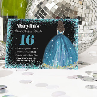Turquise Glitter Princess Sweet 16 Ballgown Inbjudningar