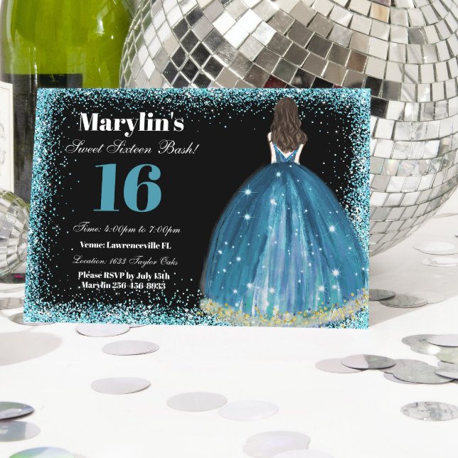 Turquise Glitter Princess Sweet 16 Ballgown Inbjudningar (Skapare uppladdad)